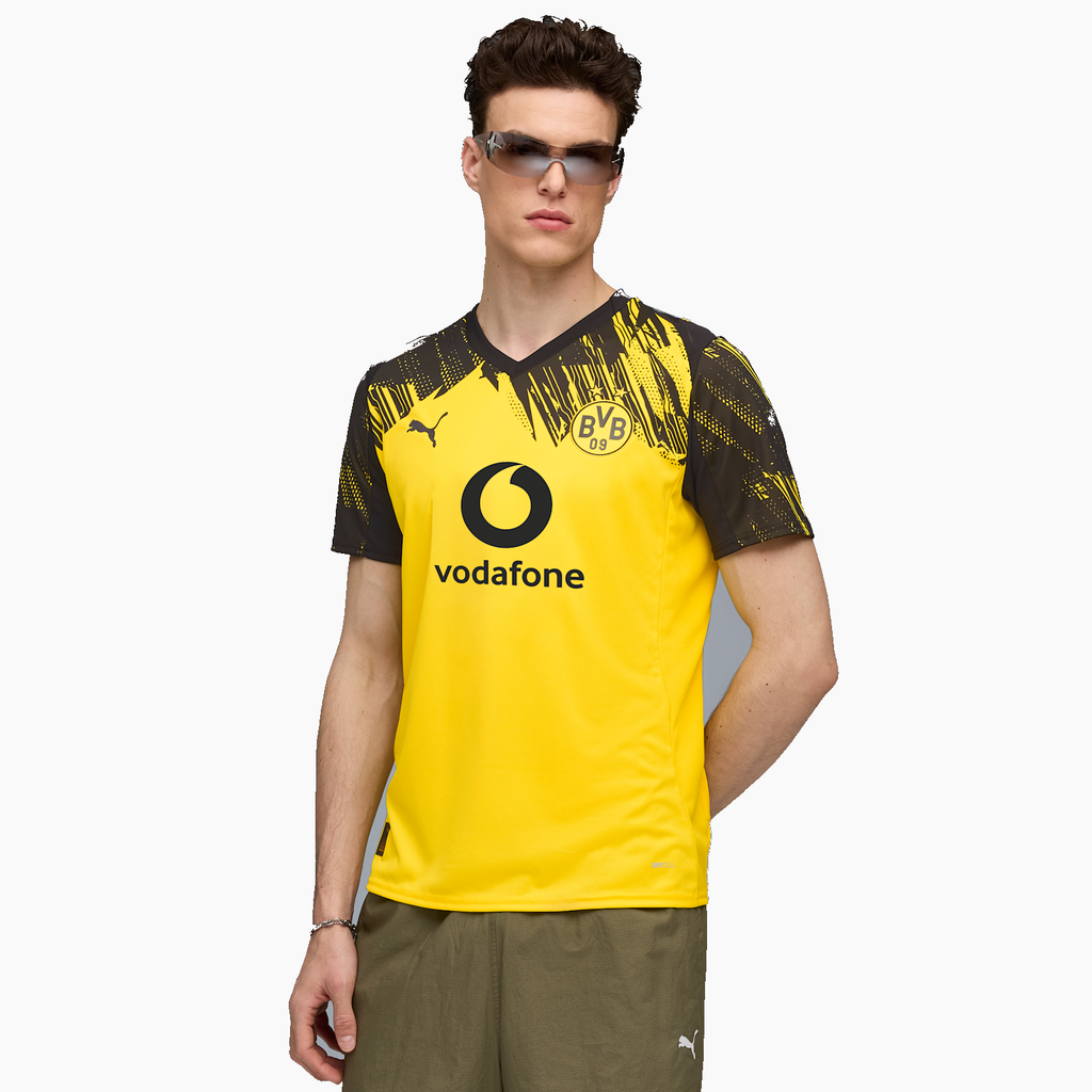 Borussia Dortmund 2025/26 Home soccer jersey - front view on model