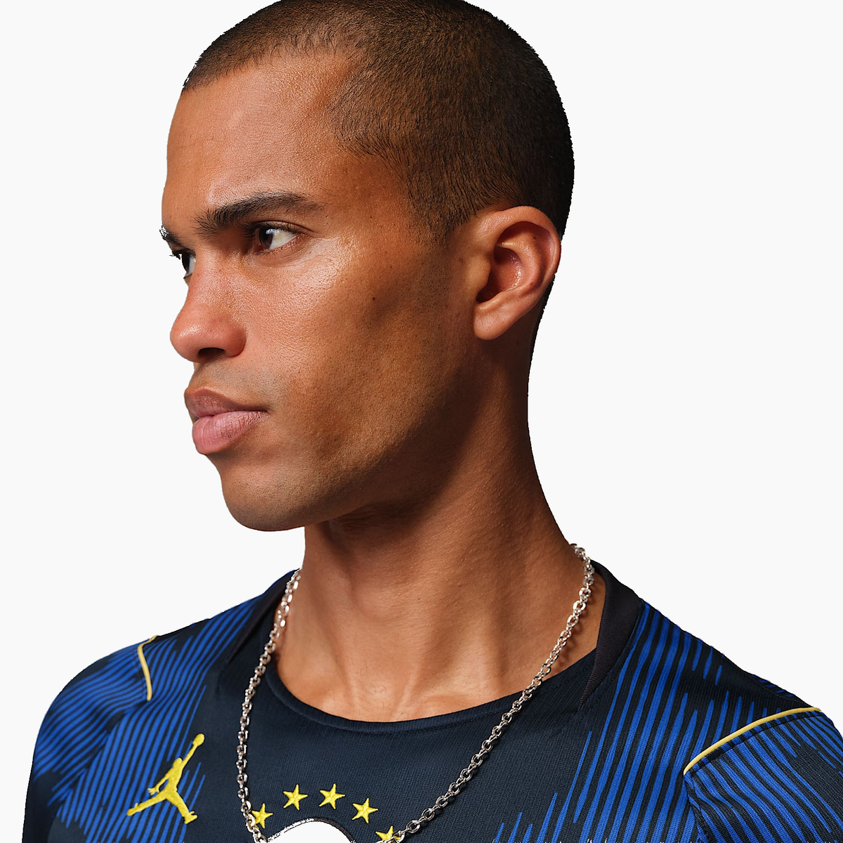 Brazil 2026 Away soccer jersey - collar and upper chest detail on model