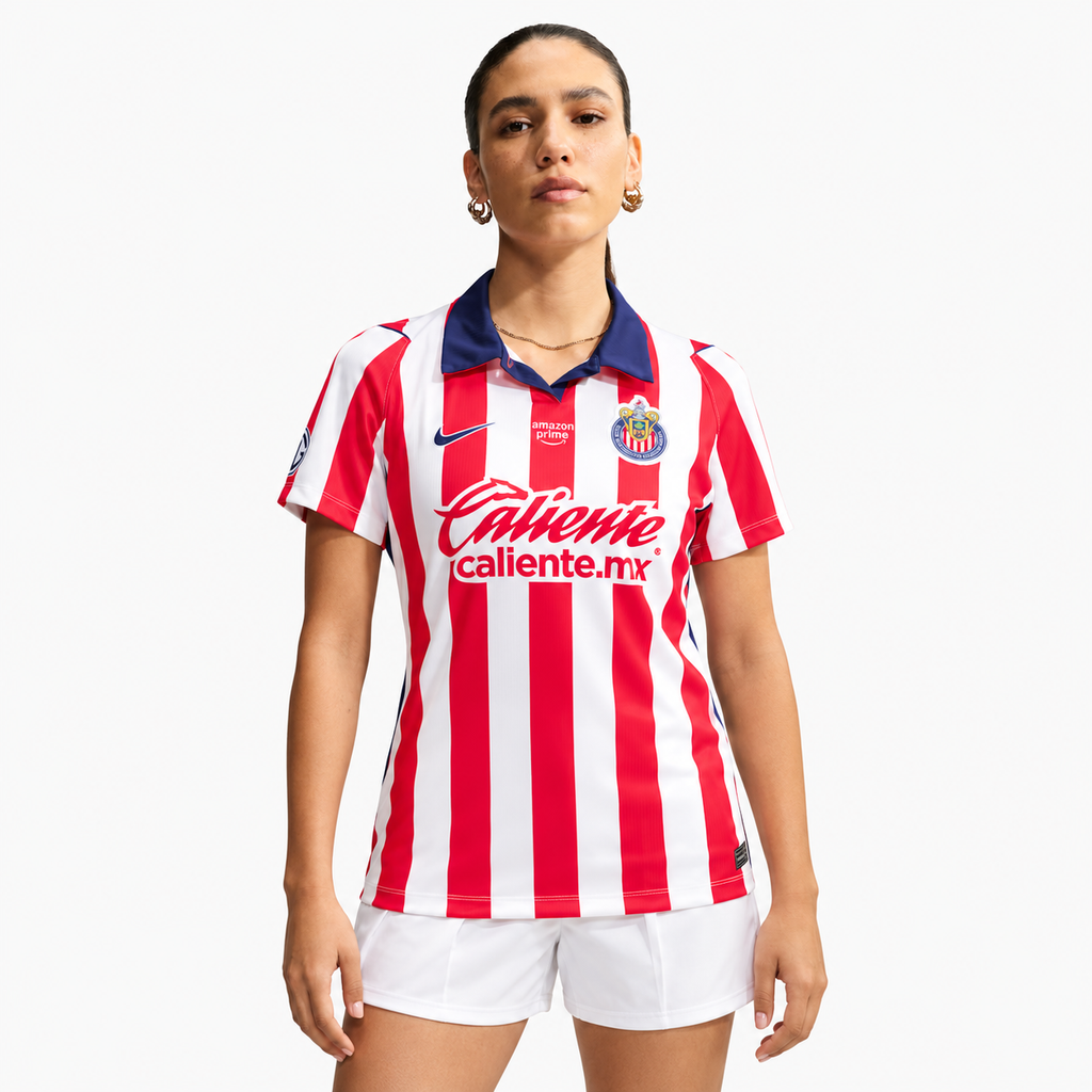 Chivas 2026/27 women's home jersey on female model — AI-assisted studio adaptation