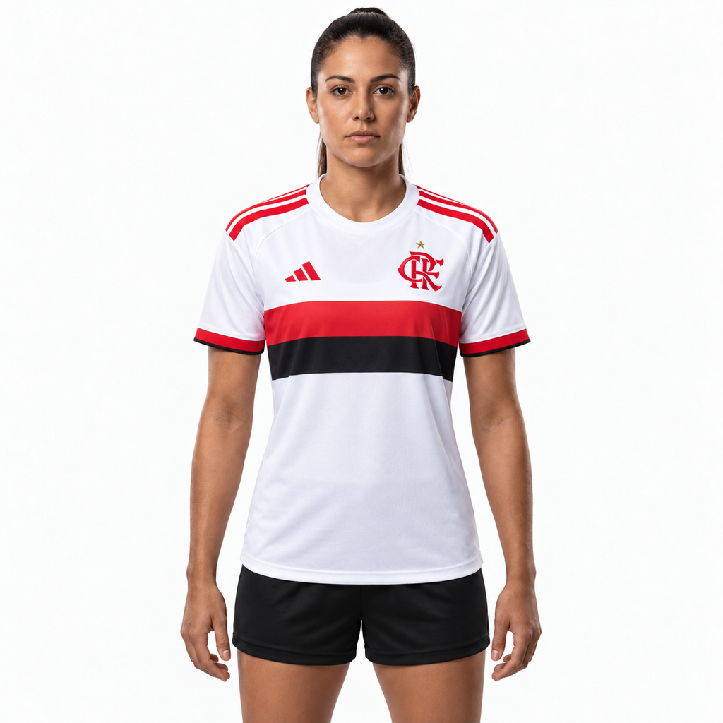 Flamengo 2026/27 women's away jersey — female model cover, AI-assisted studio adaptation