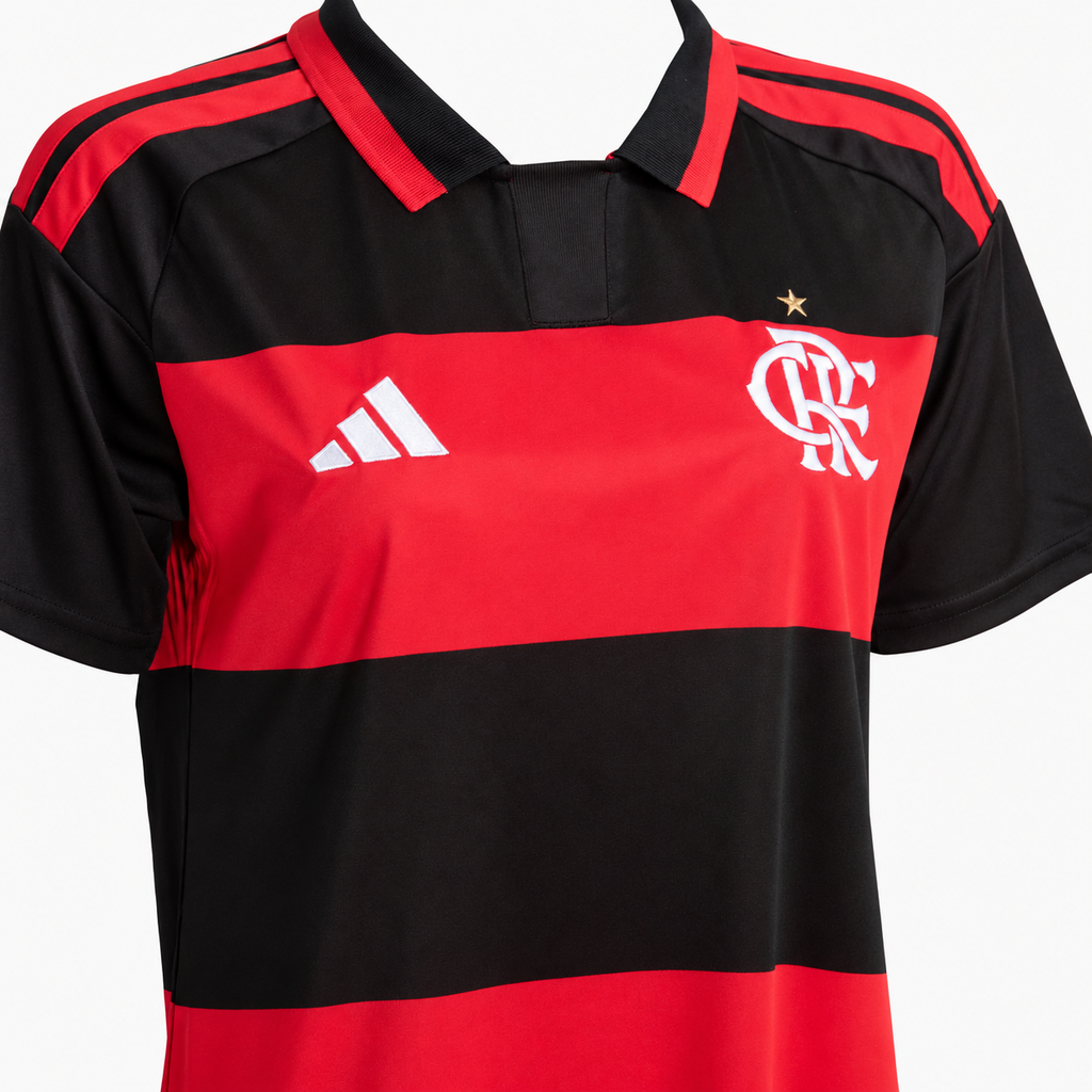 Flamengo 2026/27 women's home jersey — collar and crest detail, AI-assisted background adaptation