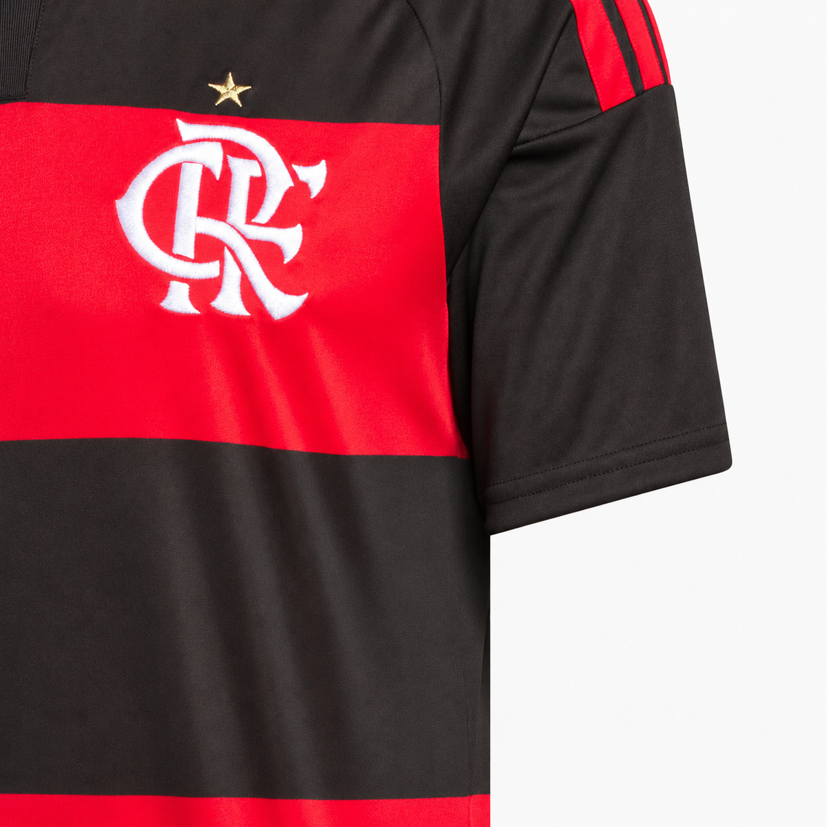 Flamengo 2026/27 home jersey embroidered crest detail — AI-assisted background adaptation