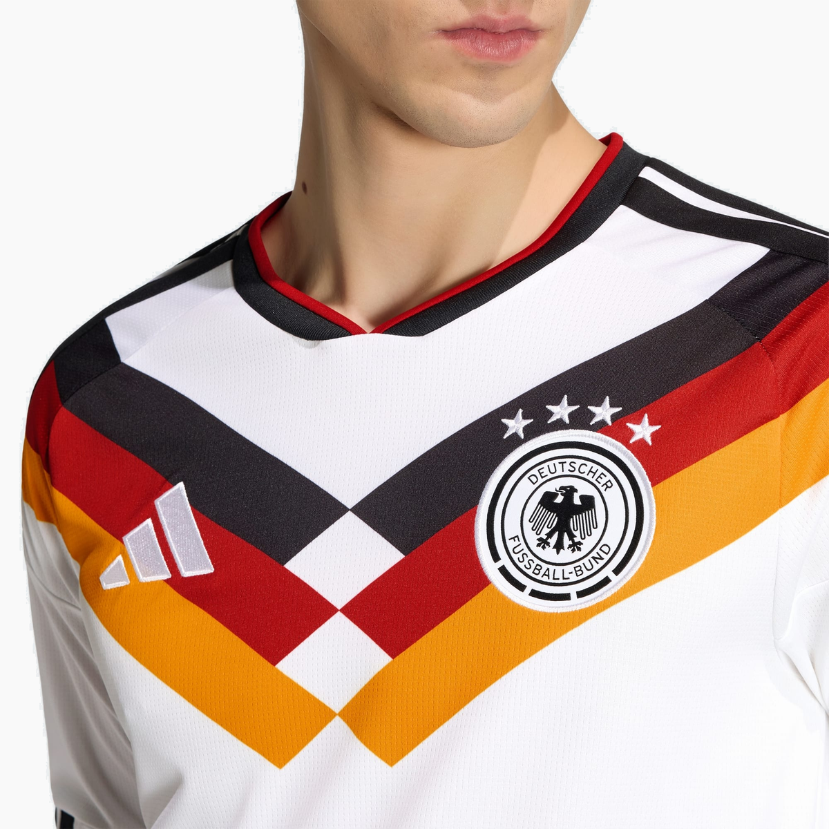 Germany 2026 Home soccer jersey - collar and upper chest detail on model