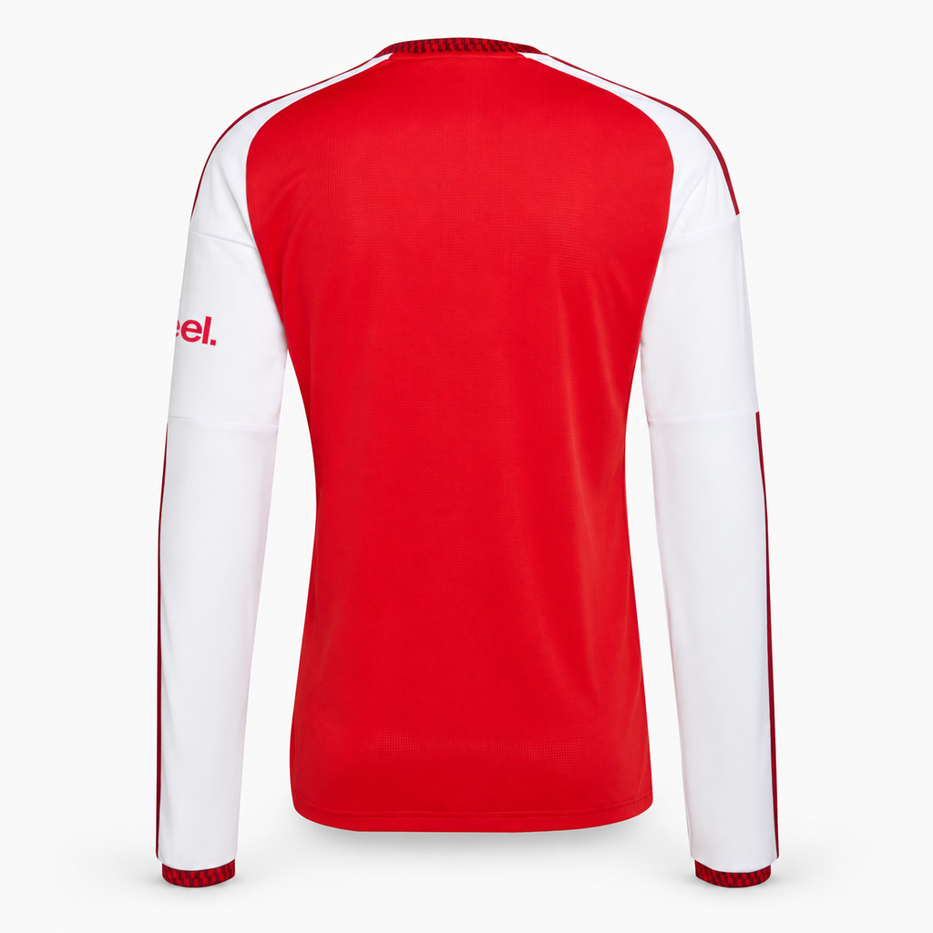 Arsenal 2026/27 Home Long Sleeve Jersey - back product view, AI-assisted background adaptation from official brand reference