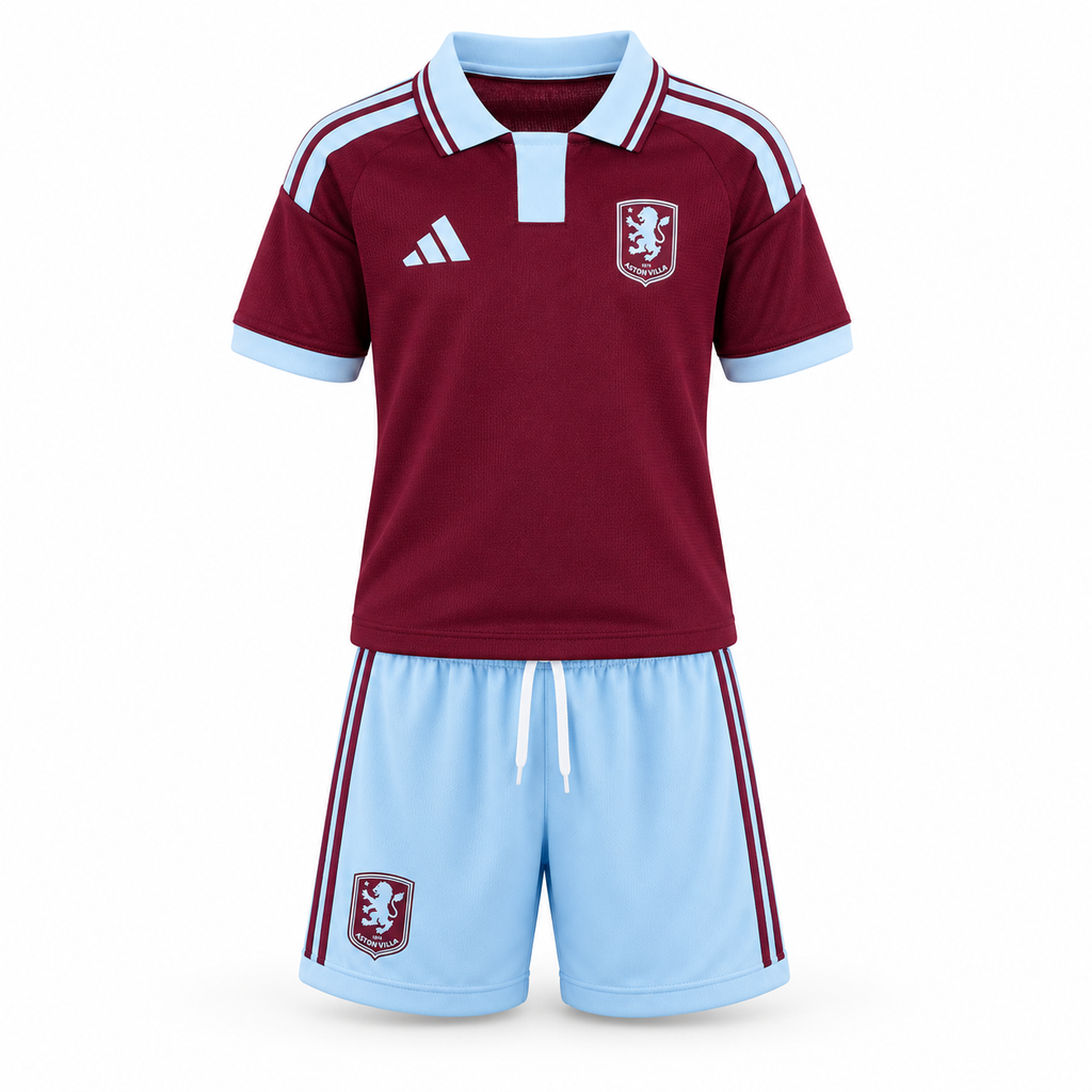 Aston Villa 2026/27 Home Kids Kit — front shirt and shorts