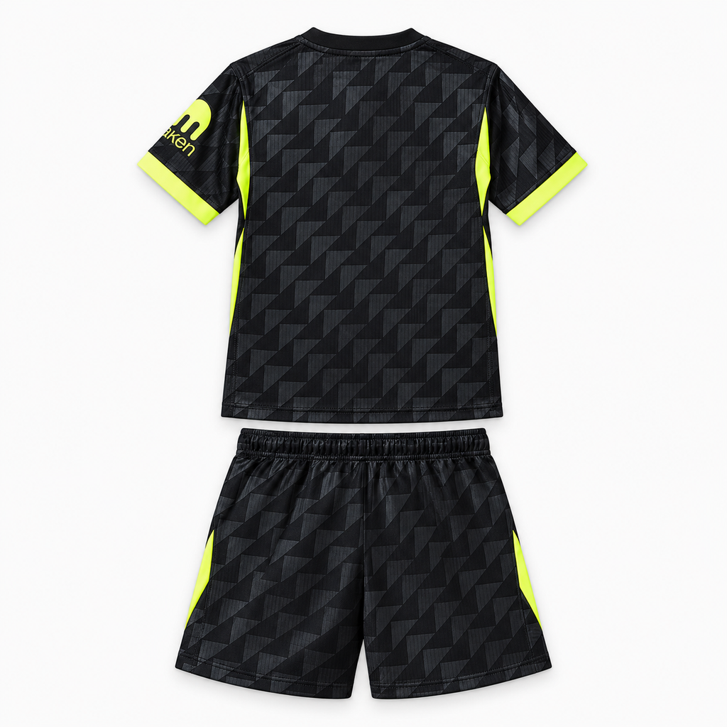 Atlético Madrid 2026/27 Away Kids Kit - shirt and shorts back; AI-assisted studio visualization based on the supplier-verified kit