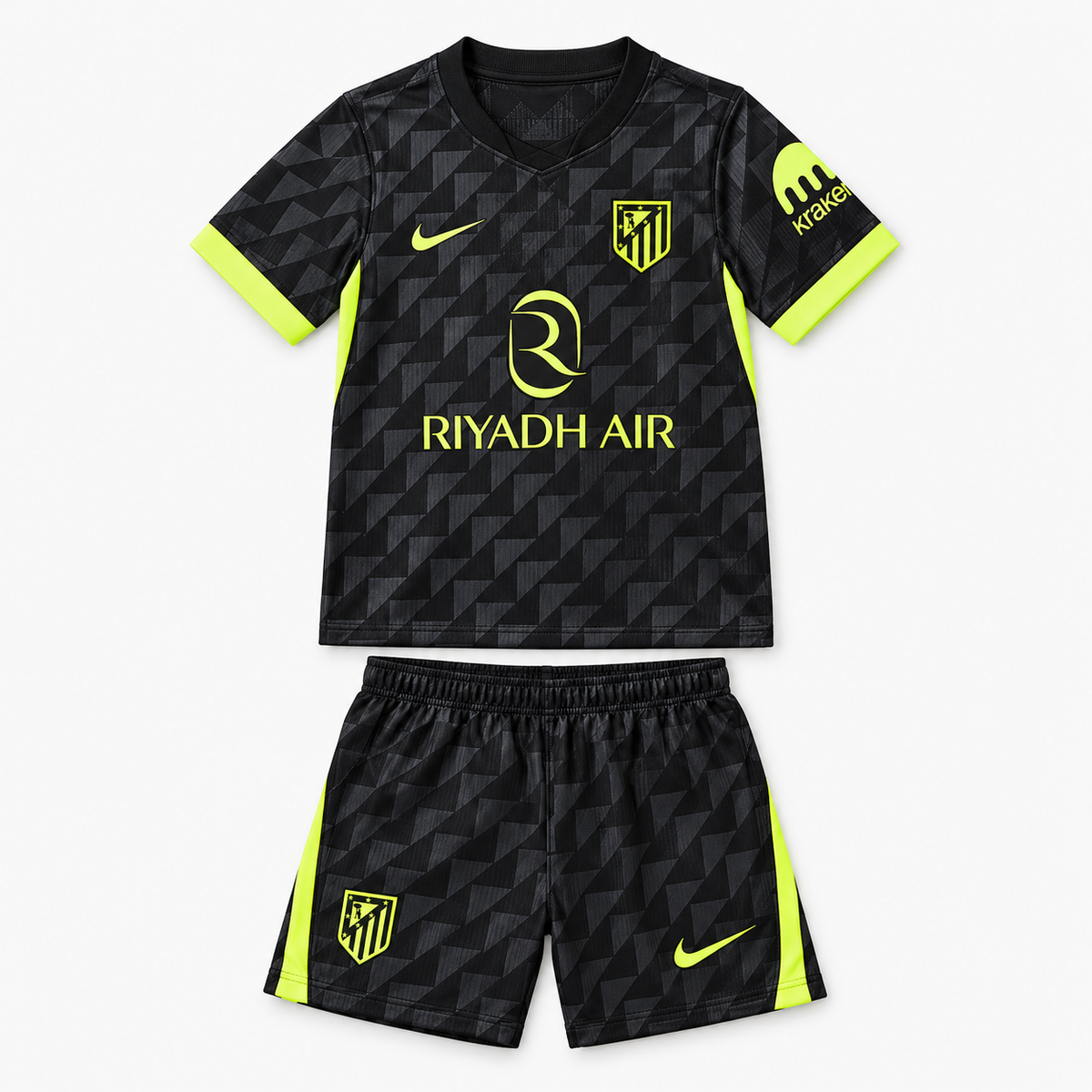 Atlético Madrid 2026/27 Away Kids Kit - shirt and shorts front; AI-assisted studio visualization based on the supplier-verified kit