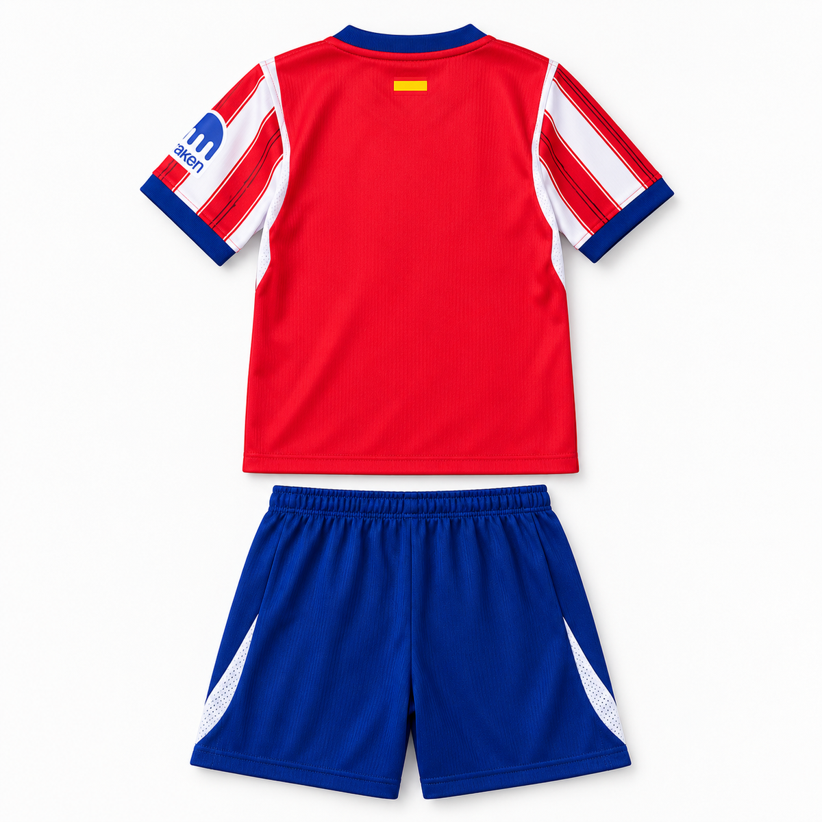 Atlético Madrid 2026/27 Home Kids Kit - shirt and shorts back; AI-assisted studio visualization based on the supplier-verified kit