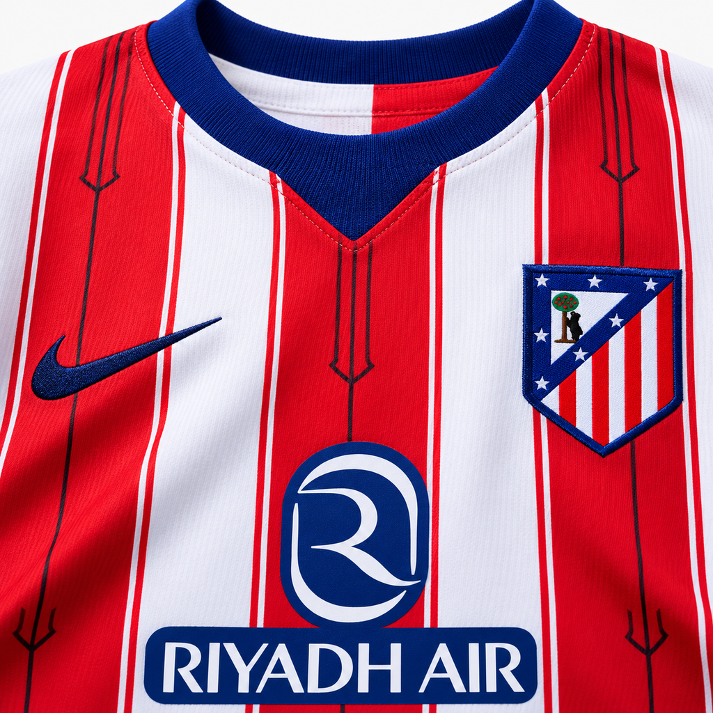 Atlético Madrid 2026/27 Home Kids Kit - collar and chest detail; AI-assisted studio visualization based on the supplier-verified kit
