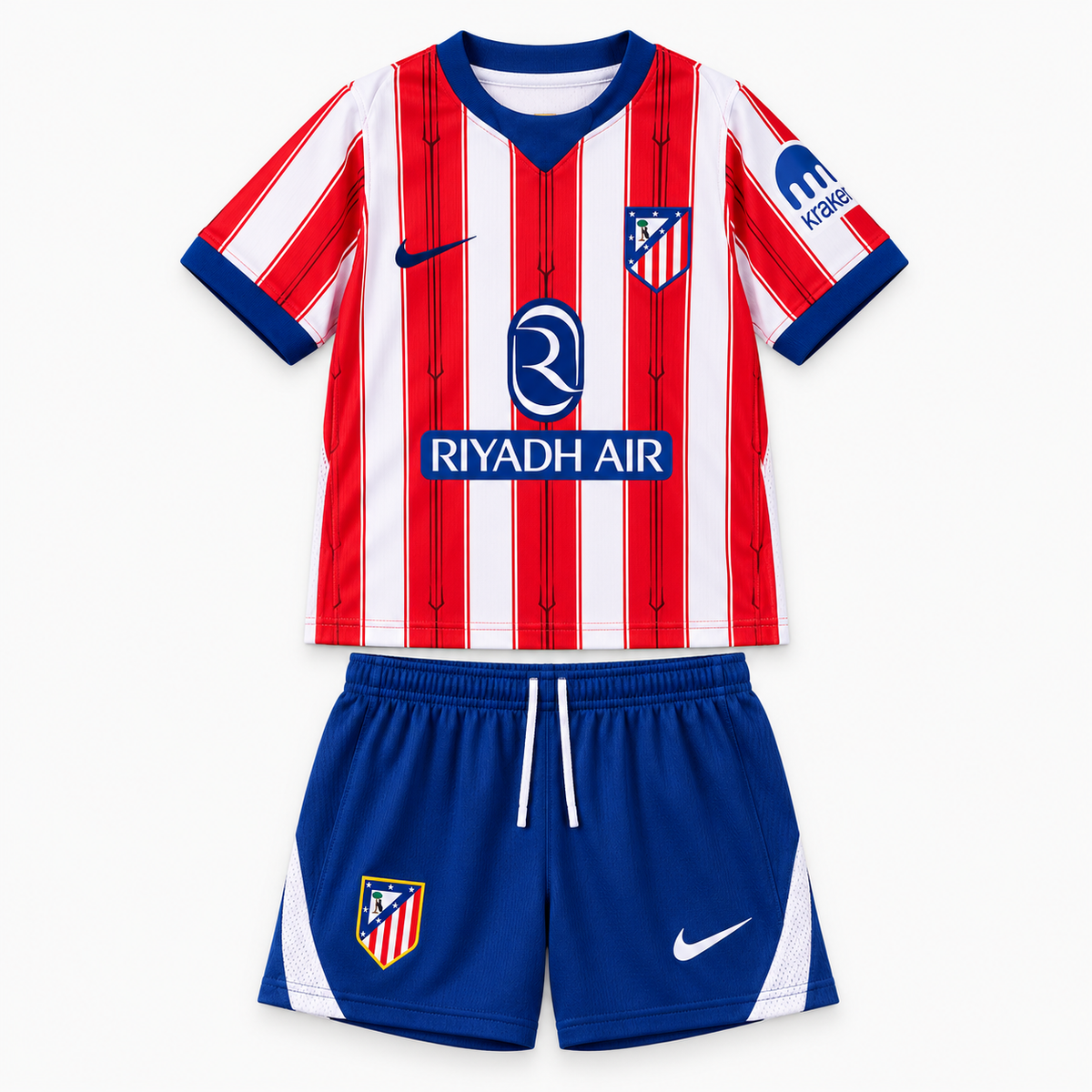 Atlético Madrid 2026/27 Home Kids Kit - shirt and shorts front; AI-assisted studio visualization based on the supplier-verified kit