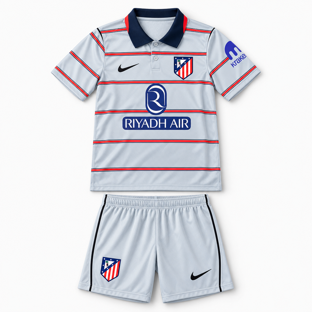 Atlético Madrid 2026/27 Third Kids Kit - shirt and shorts front; AI-assisted studio visualization based on the supplier-verified kit