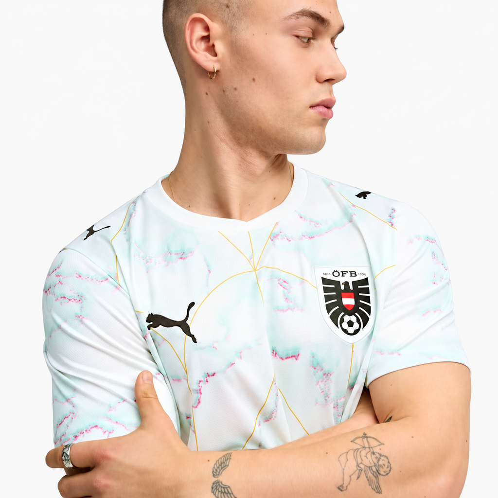 Austria 2026 Away Jersey - front model view; AI-assisted background refinement