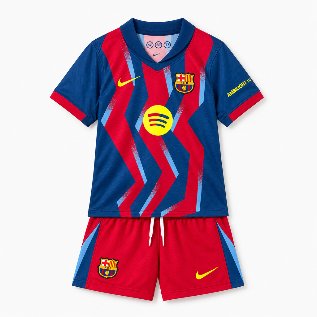 Barcelona 2025/26 Fourth Kids Kit — front shirt and shorts