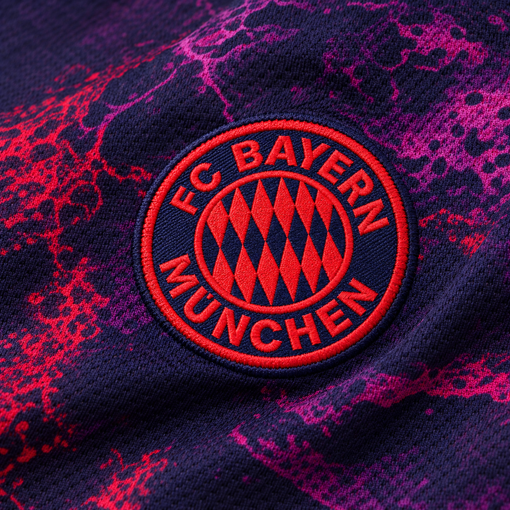 Bayern Munich 2026/27 Third Long Sleeve Jersey - crest detail; AI-assisted studio image based on supplier-verified fan version