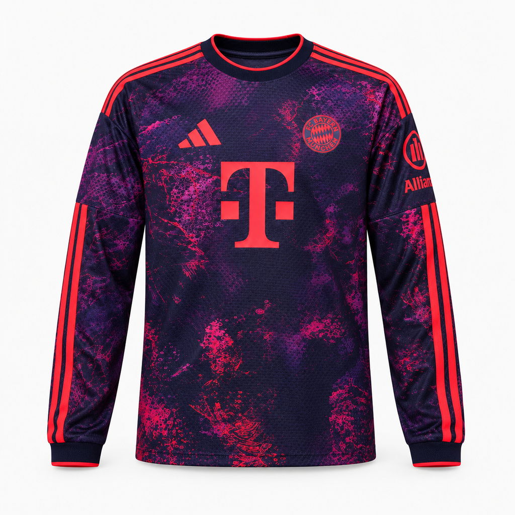 Bayern Munich 2026/27 Third Long Sleeve Jersey - front product view; AI-assisted studio image based on supplier-verified fan version