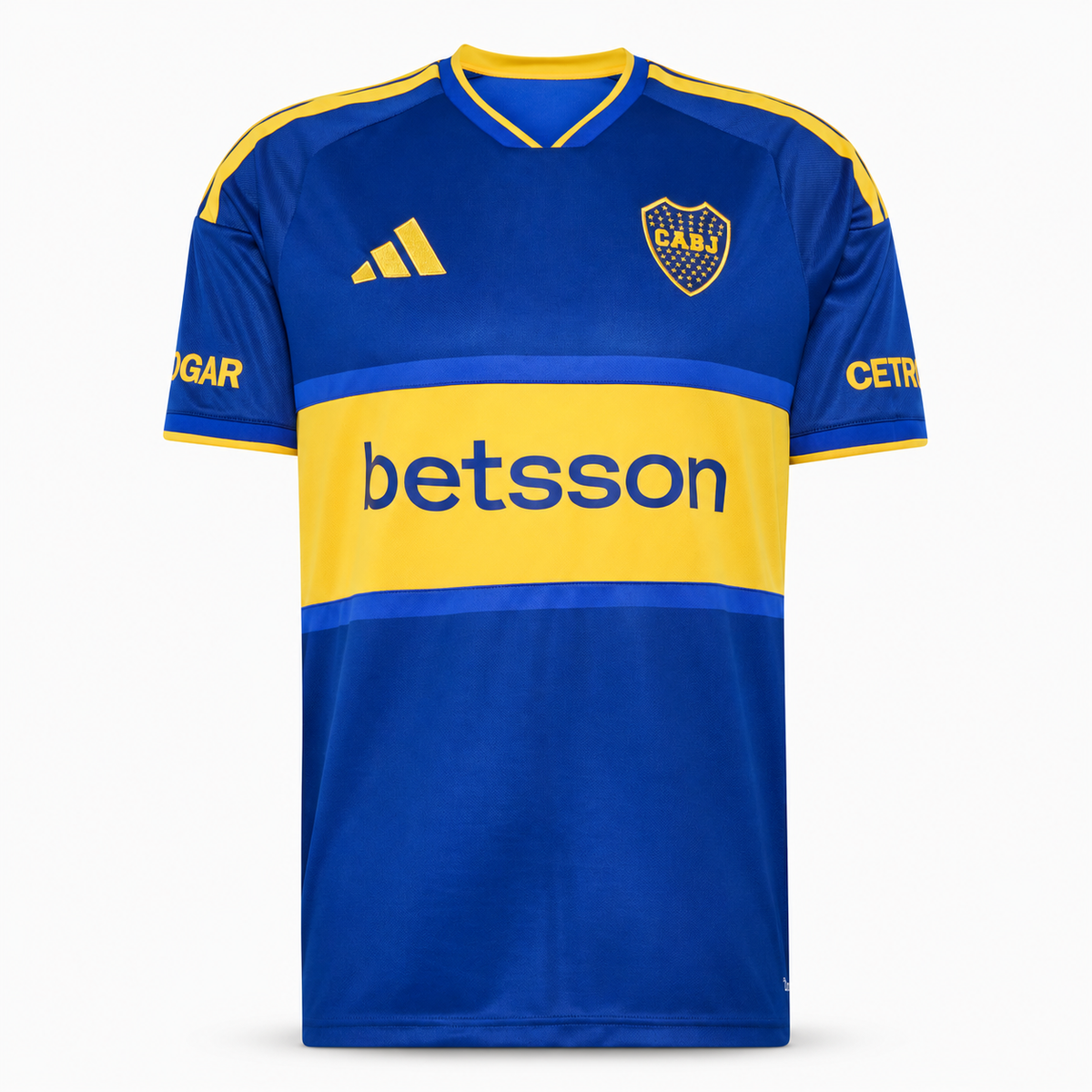 Boca Juniors 2026/27 Home Jersey - front product view with AI-assisted background adaptation from official Adidas KB4380 reference