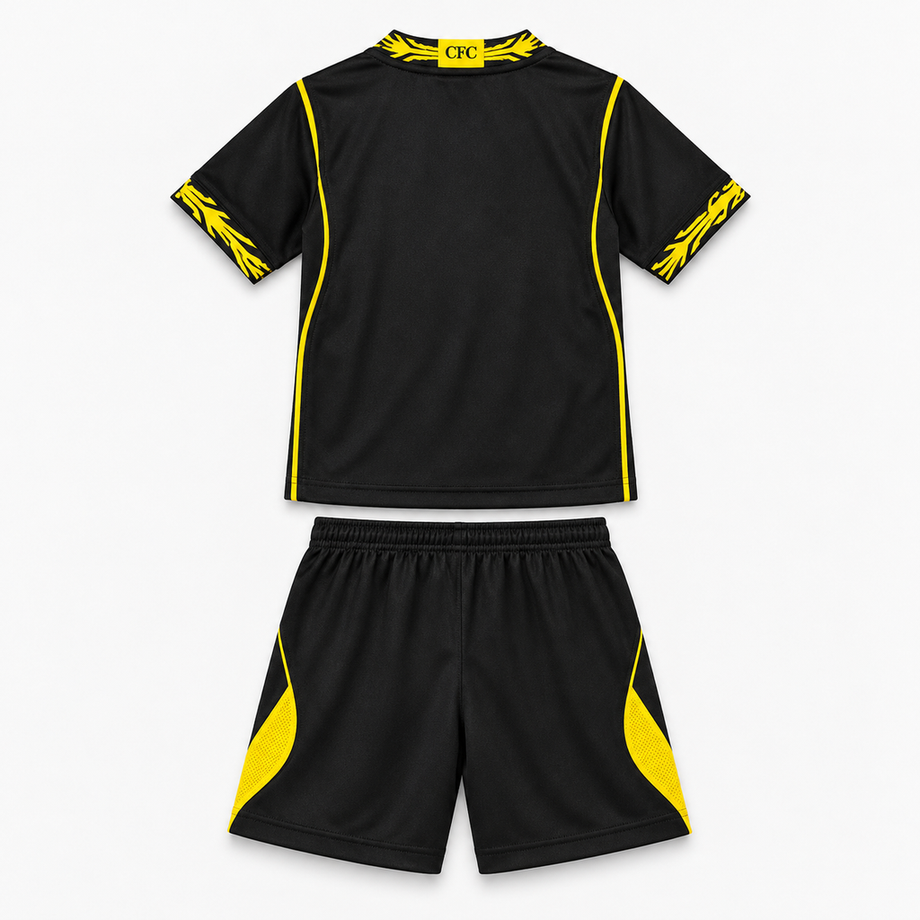 Chelsea 2026/27 Away Kids Kit - shirt and shorts back; AI-assisted studio visualization based on the supplier-verified kit