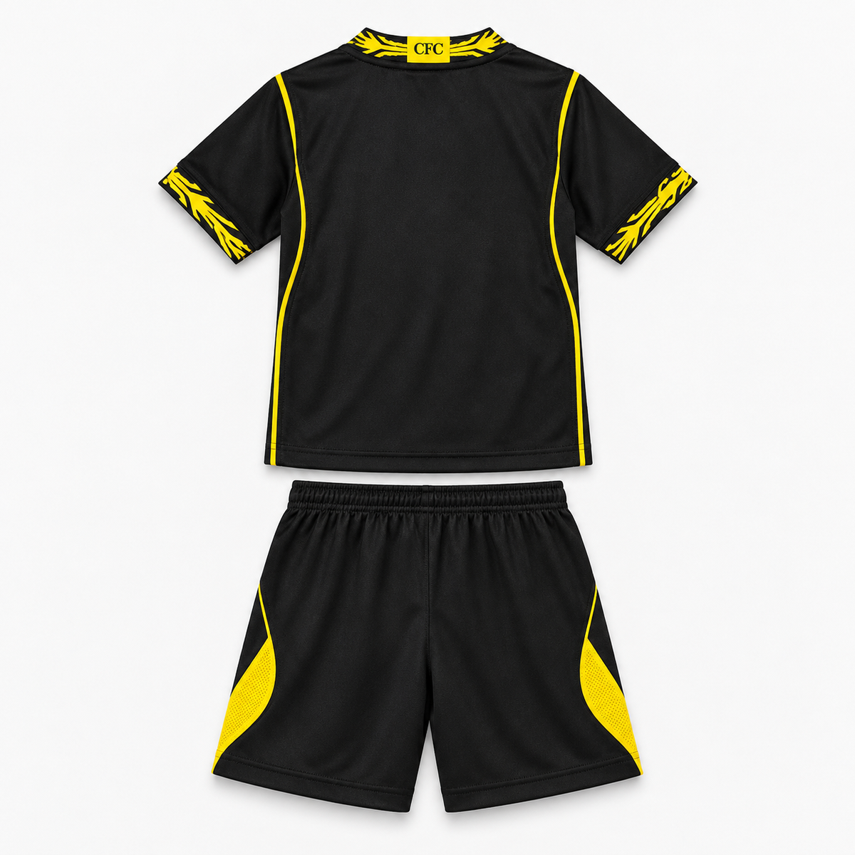 Chelsea 2026/27 Away Kids Kit - shirt and shorts back; AI-assisted studio visualization based on the supplier-verified kit