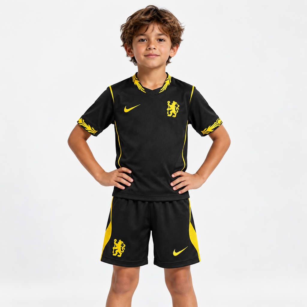 Chelsea 2026/27 Away Kids Kit - child model; AI-assisted studio visualization based on the supplier-verified kit
