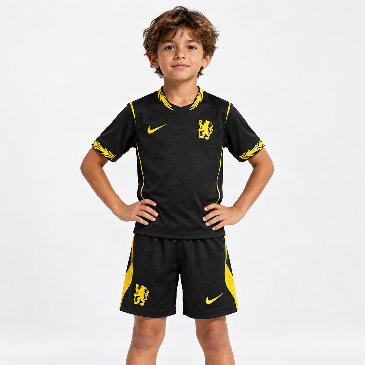 Chelsea 2026/27 Away Kids Kit - child model; AI-assisted studio visualization based on the supplier-verified kit