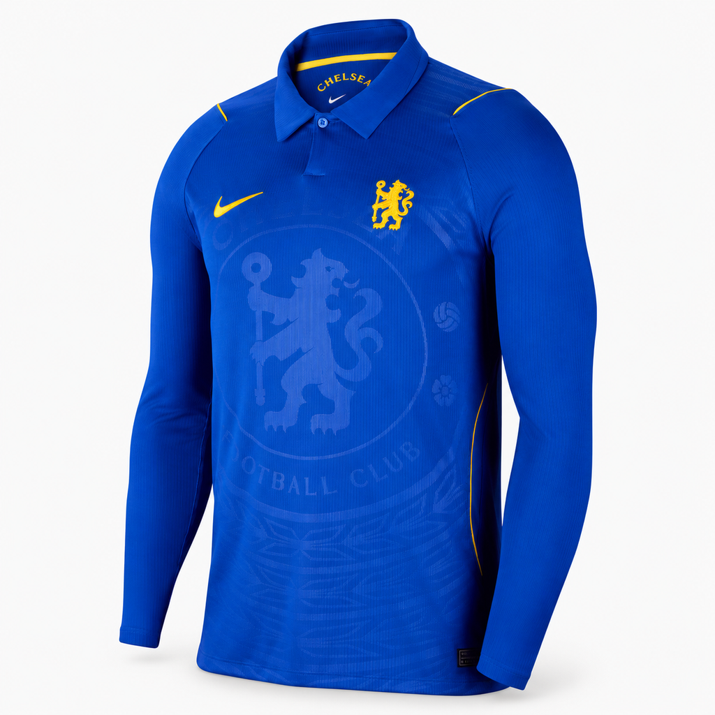Chelsea 2026/27 Home Long Sleeve Jersey - front product view; AI-assisted background refinement