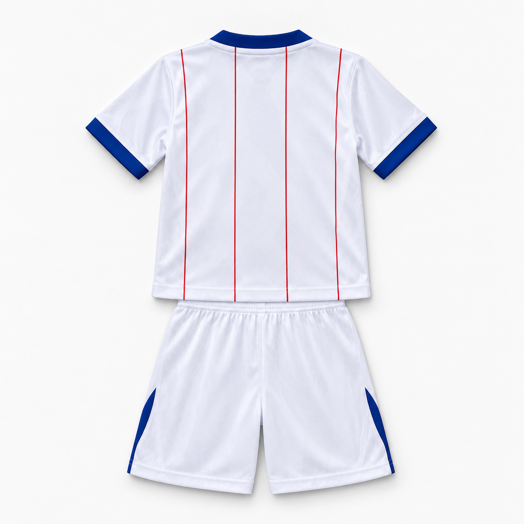 Chelsea 2026/27 Third Kids Kit - shirt and shorts back; AI-assisted studio visualization based on the supplier-verified kit