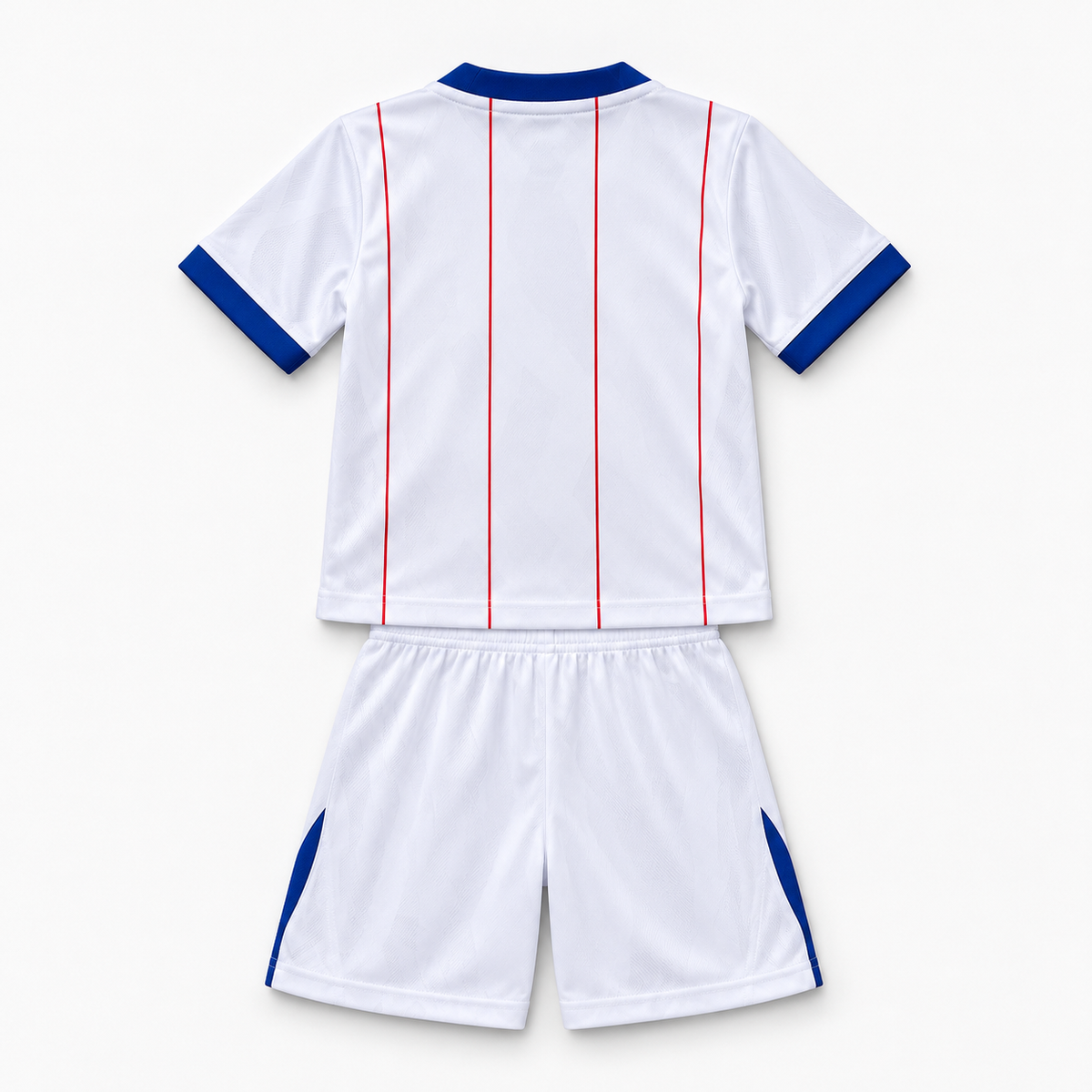 Chelsea 2026/27 Third Kids Kit - shirt and shorts back; AI-assisted studio visualization based on the supplier-verified kit