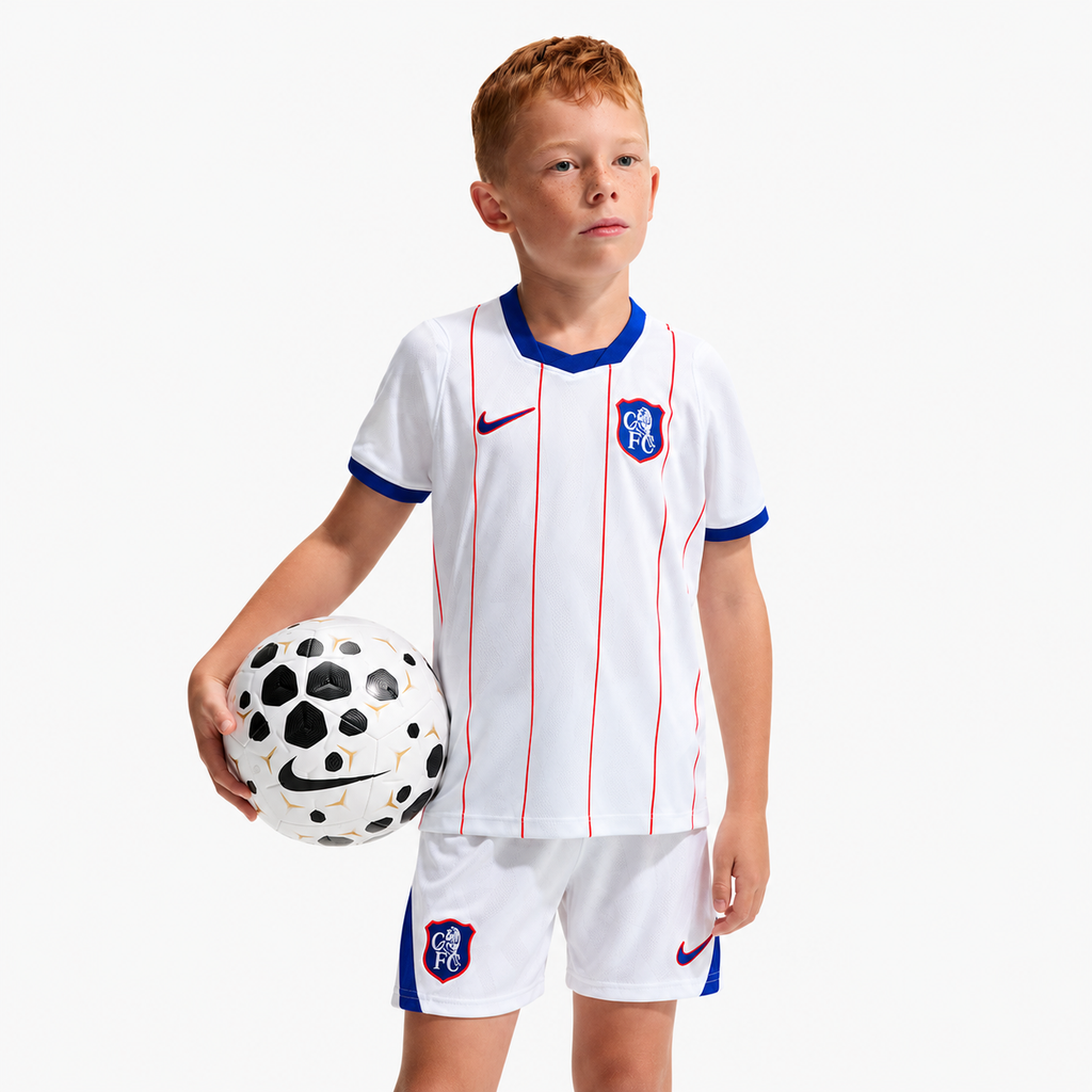 Chelsea 2026/27 Third Kids Kit - child model; AI-assisted studio visualization based on the supplier-verified kit