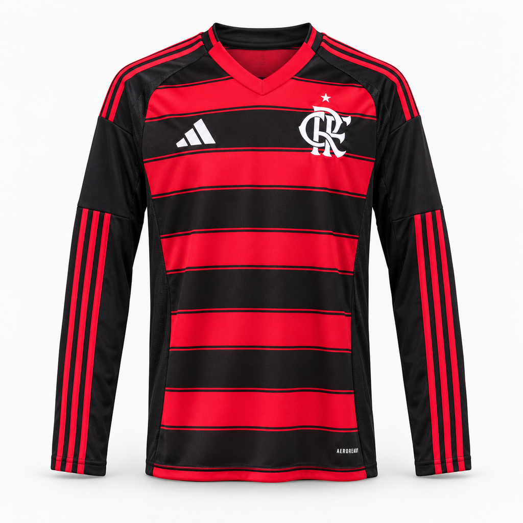 Flamengo 2025/26 Home Long Sleeve Jersey - front product view; AI-assisted studio image based on the supplier-verified garment