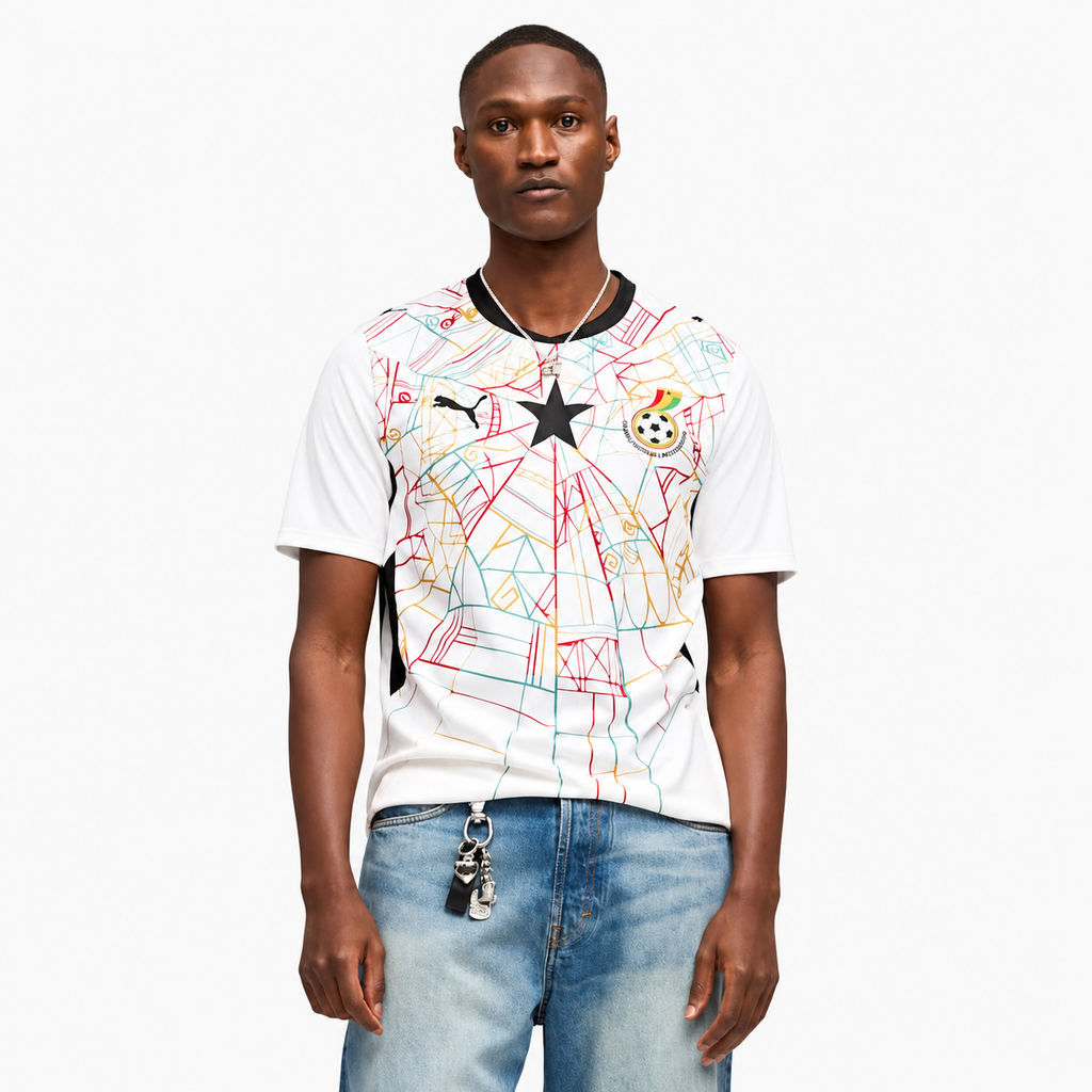 Ghana 2026 Home Jersey - front model view; AI-assisted background refinement