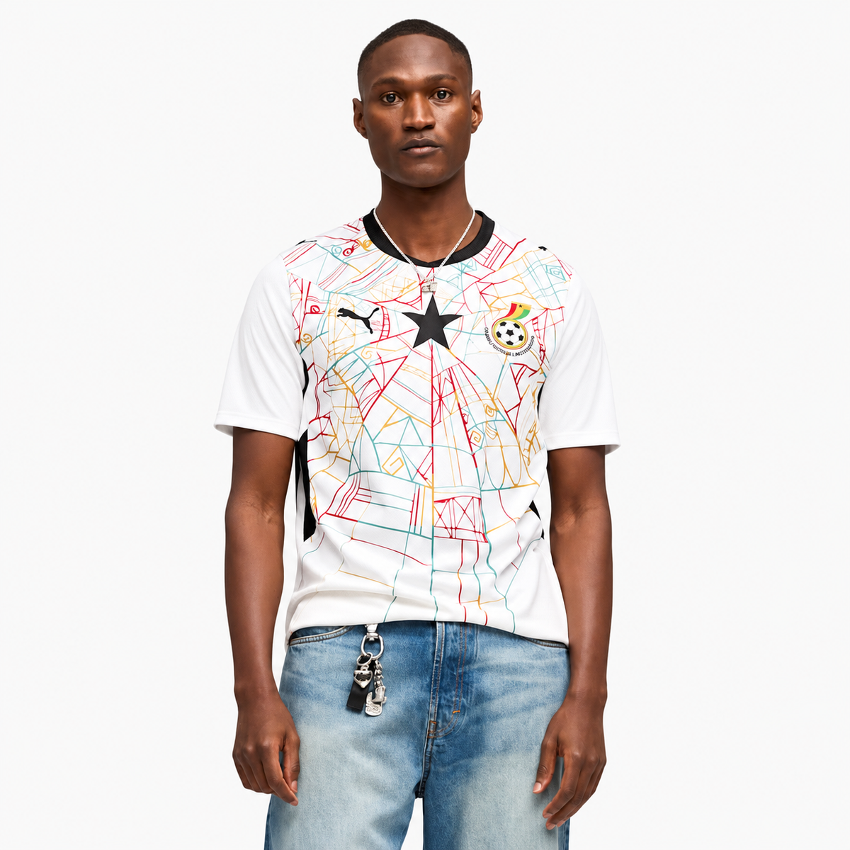 Ghana 2026 Home Jersey - front model view; AI-assisted background refinement