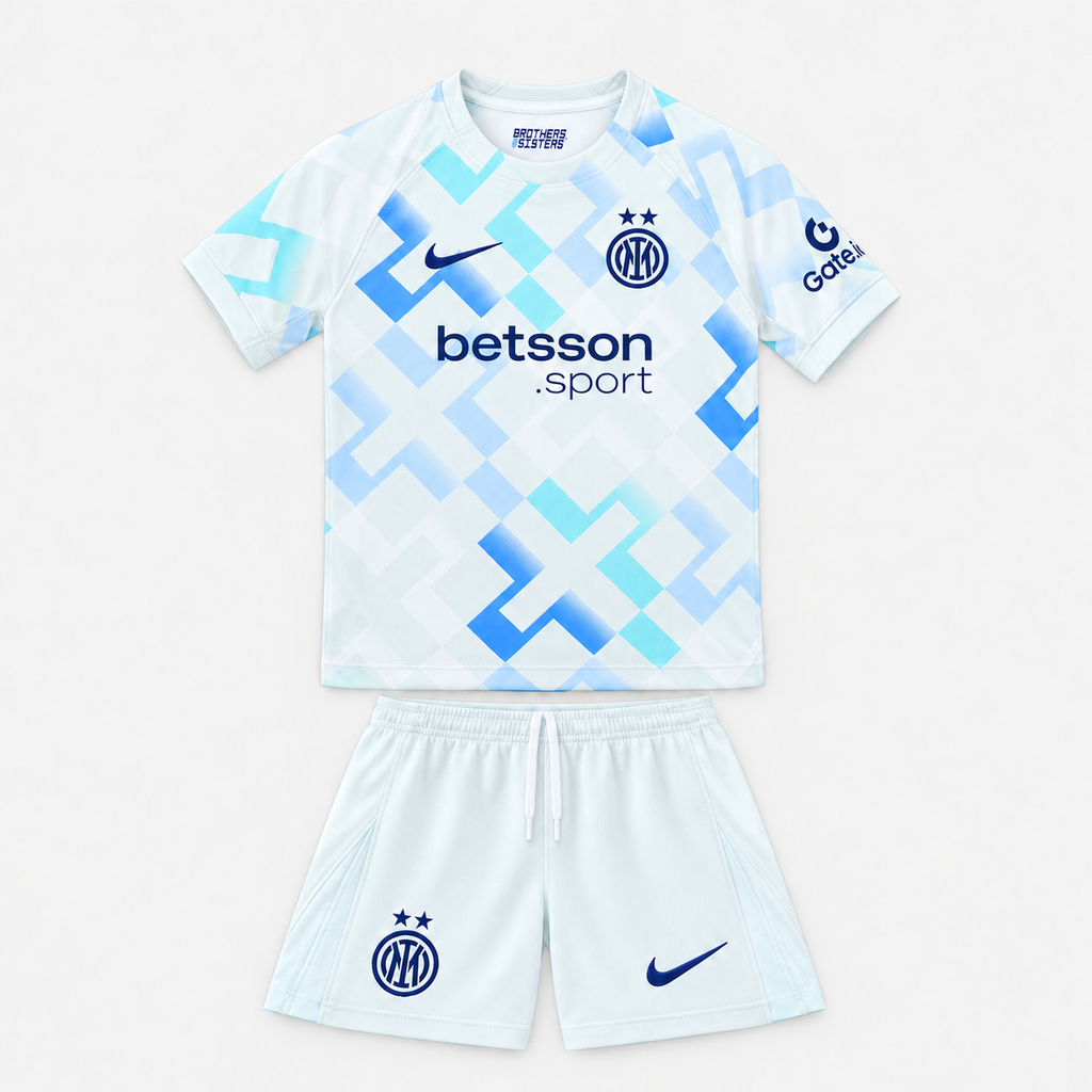 Inter Milan 2025/26 Away Kids Kit - shirt and shorts front; AI-assisted studio visualization based on the supplier-verified kit