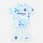 Inter Milan 2025/26 Away Kids Kit - shirt and shorts front; AI-assisted studio visualization based on the supplier-verified kit