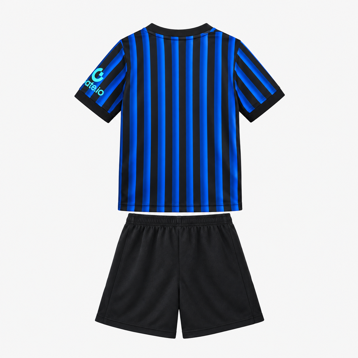 Inter Milan 2025/26 Home Kids Kit - shirt and shorts back; AI-assisted studio visualization based on the supplier-verified kit