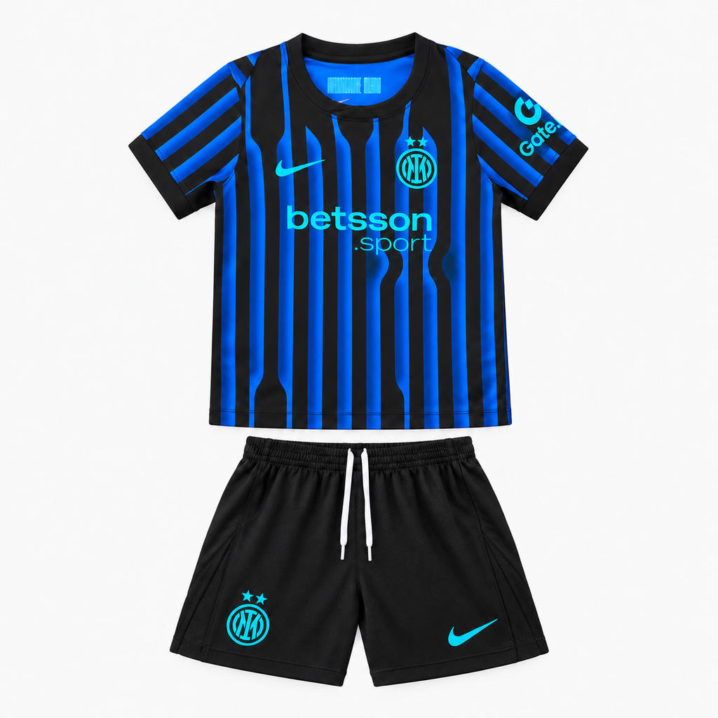 Inter Milan 2025/26 Home Kids Kit - shirt and shorts front; AI-assisted studio visualization based on the supplier-verified kit