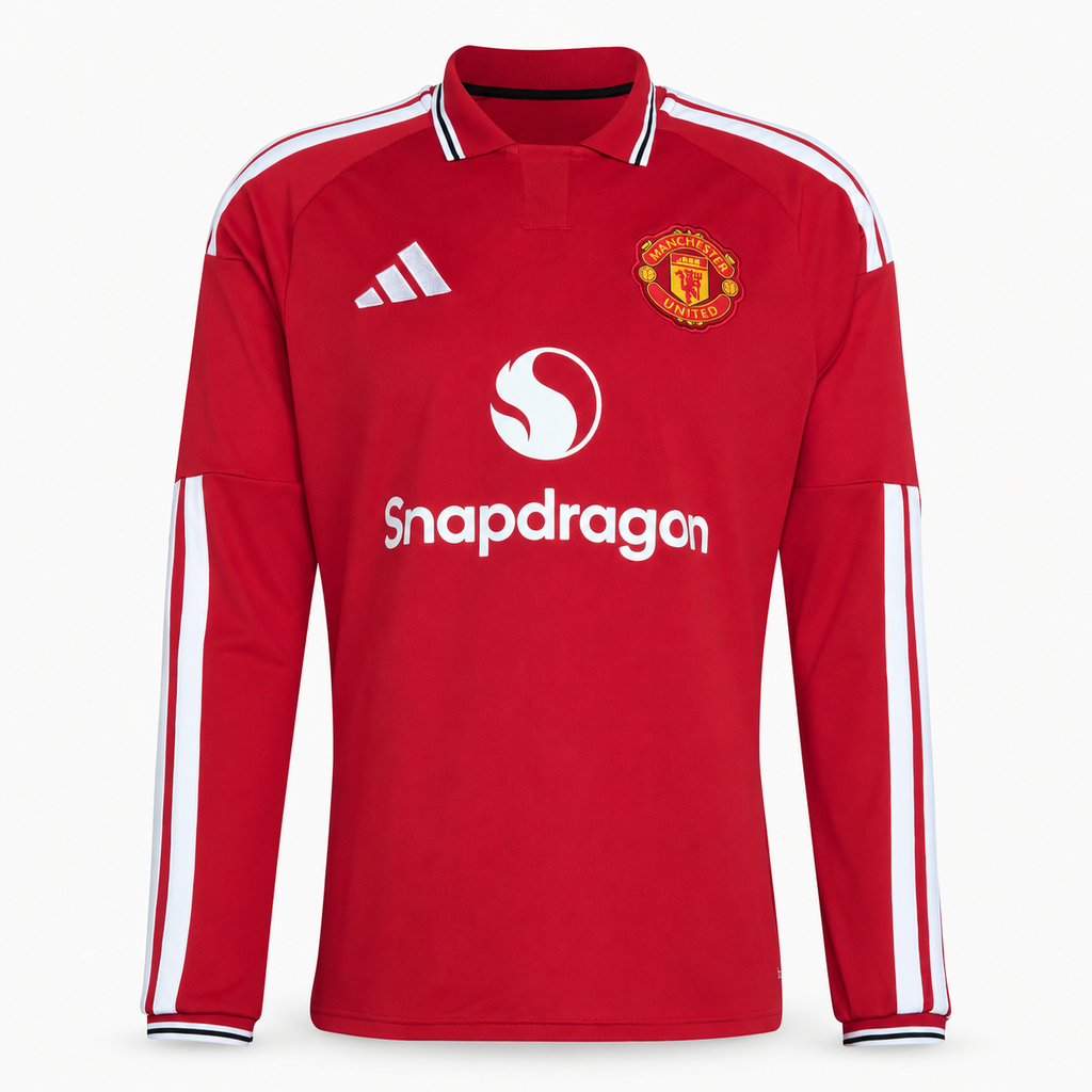 Manchester United 2026/27 Home Long Sleeve Jersey - front product view; AI-assisted background refinement