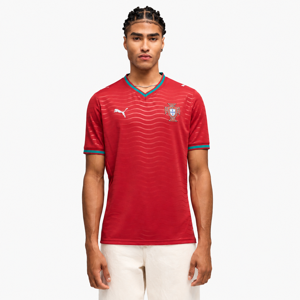 Portugal 2026 Home Jersey - front-model view with AI-assisted background adaptation from official reference