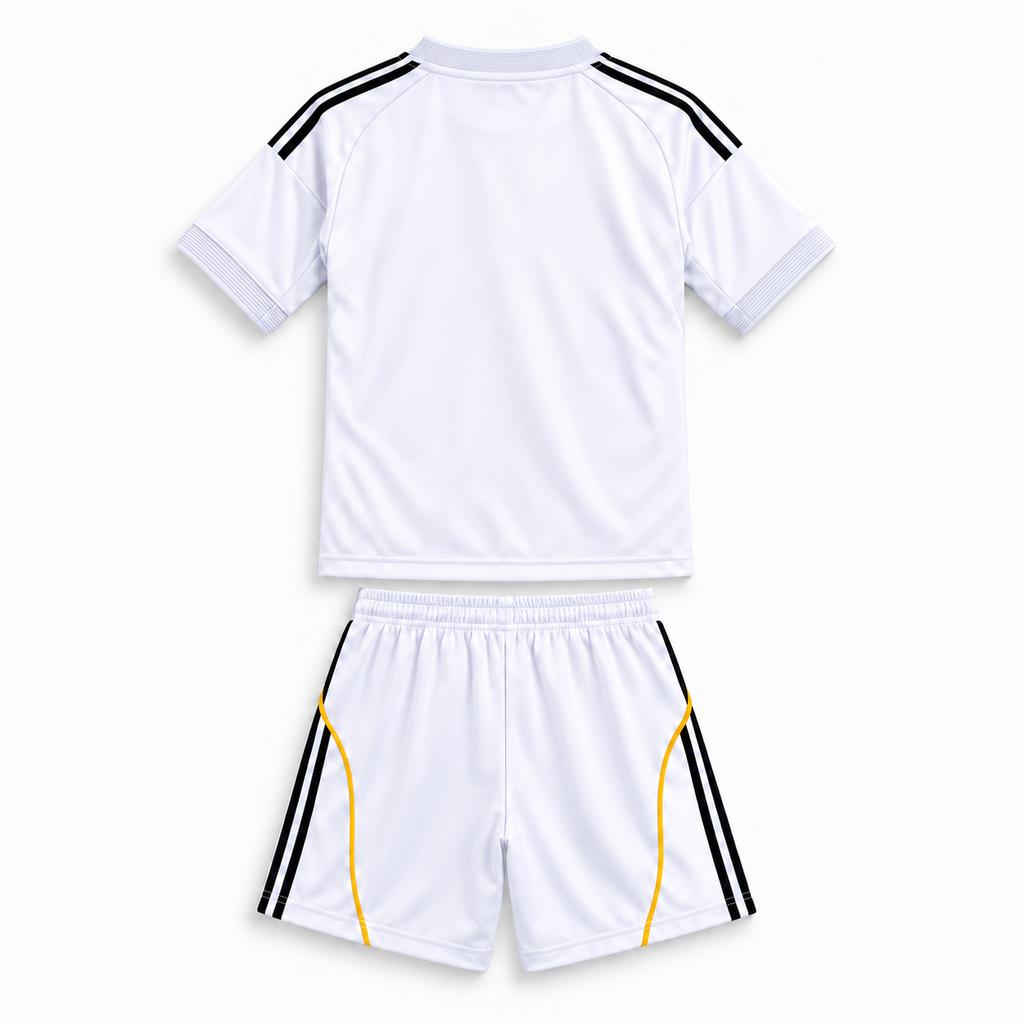 Real Madrid 2025/26 Home Kids Kit - shirt and shorts back; AI-assisted studio visualization based on the supplier-verified kit