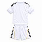 Real Madrid 2025/26 Home Kids Kit - shirt and shorts back; AI-assisted studio visualization based on the supplier-verified kit