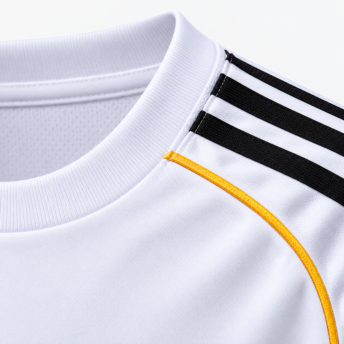 Real Madrid 2025/26 Home Kids Kit - collar and shoulder fabric detail; AI-assisted studio visualization based on the supplier-verified kit