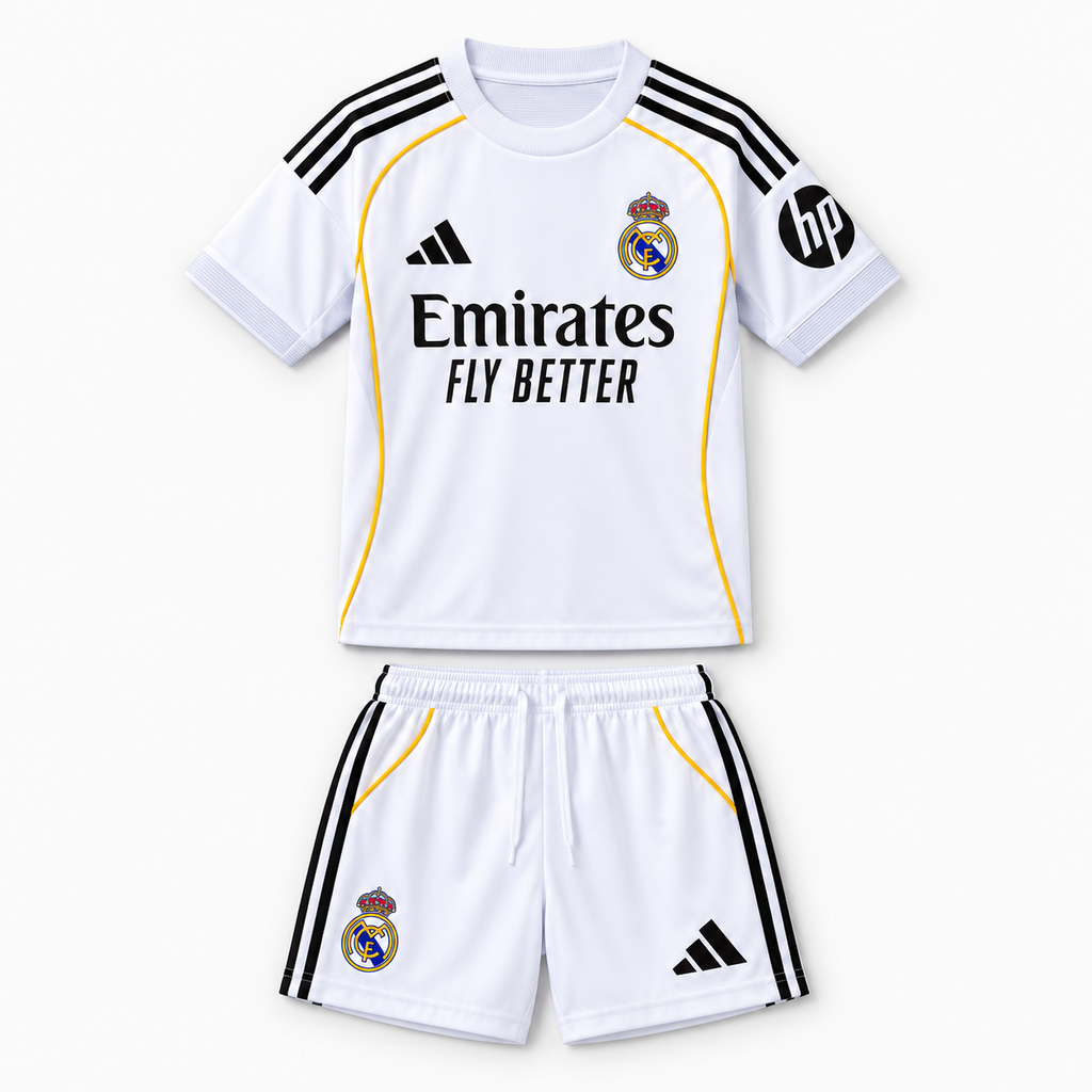 Real Madrid 2025/26 Home Kids Kit - shirt and shorts front; AI-assisted studio visualization based on the supplier-verified kit
