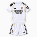 Real Madrid 2025/26 Home Kids Kit - shirt and shorts front; AI-assisted studio visualization based on the supplier-verified kit
