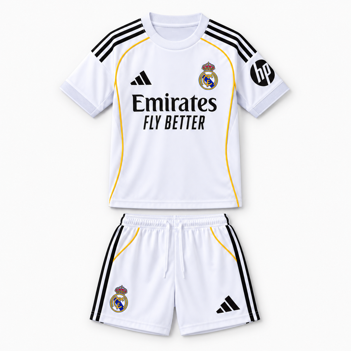 Real Madrid 2025/26 Home Kids Kit - shirt and shorts front; AI-assisted studio visualization based on the supplier-verified kit