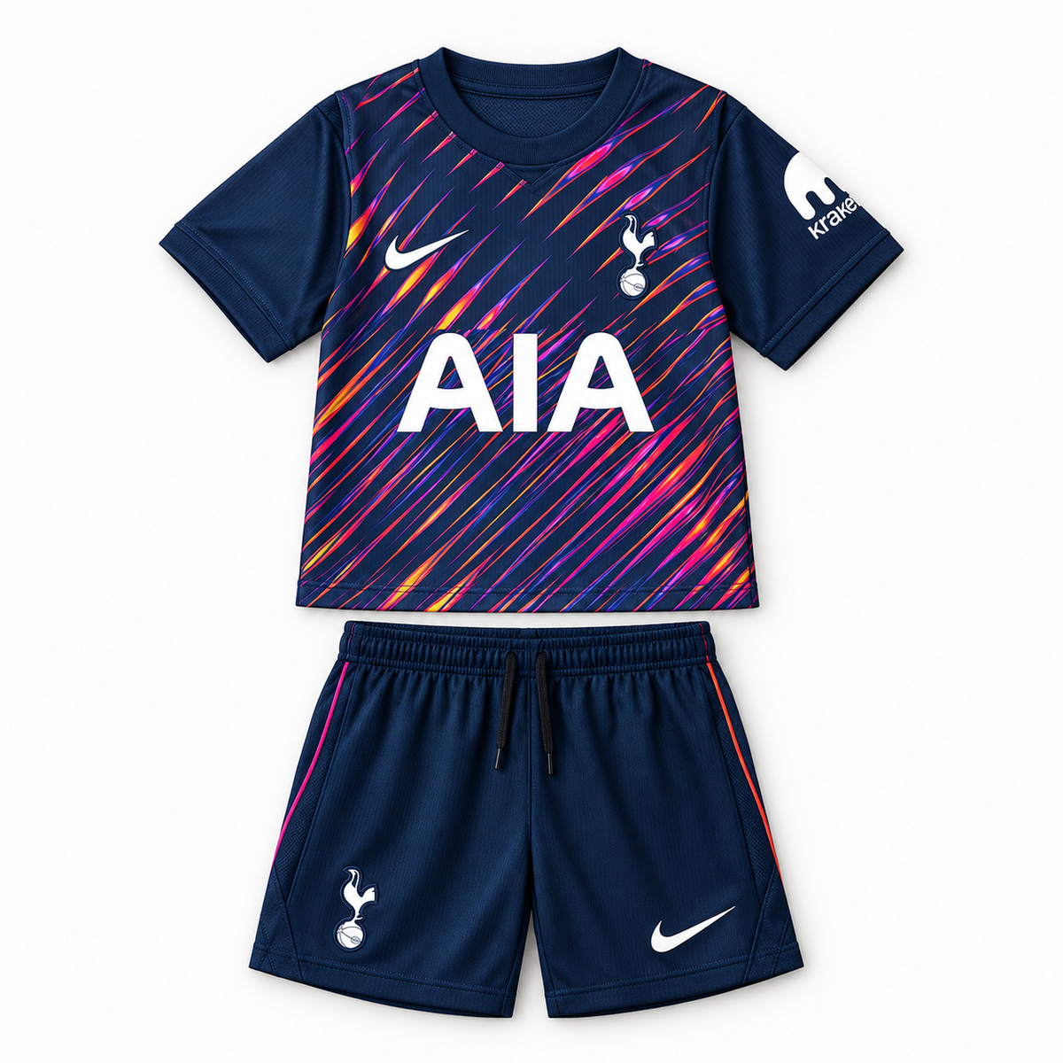 Tottenham Hotspur 2026/27 Away Kids Kit - shirt and shorts front; AI-assisted studio visualization based on the supplier-verified kit