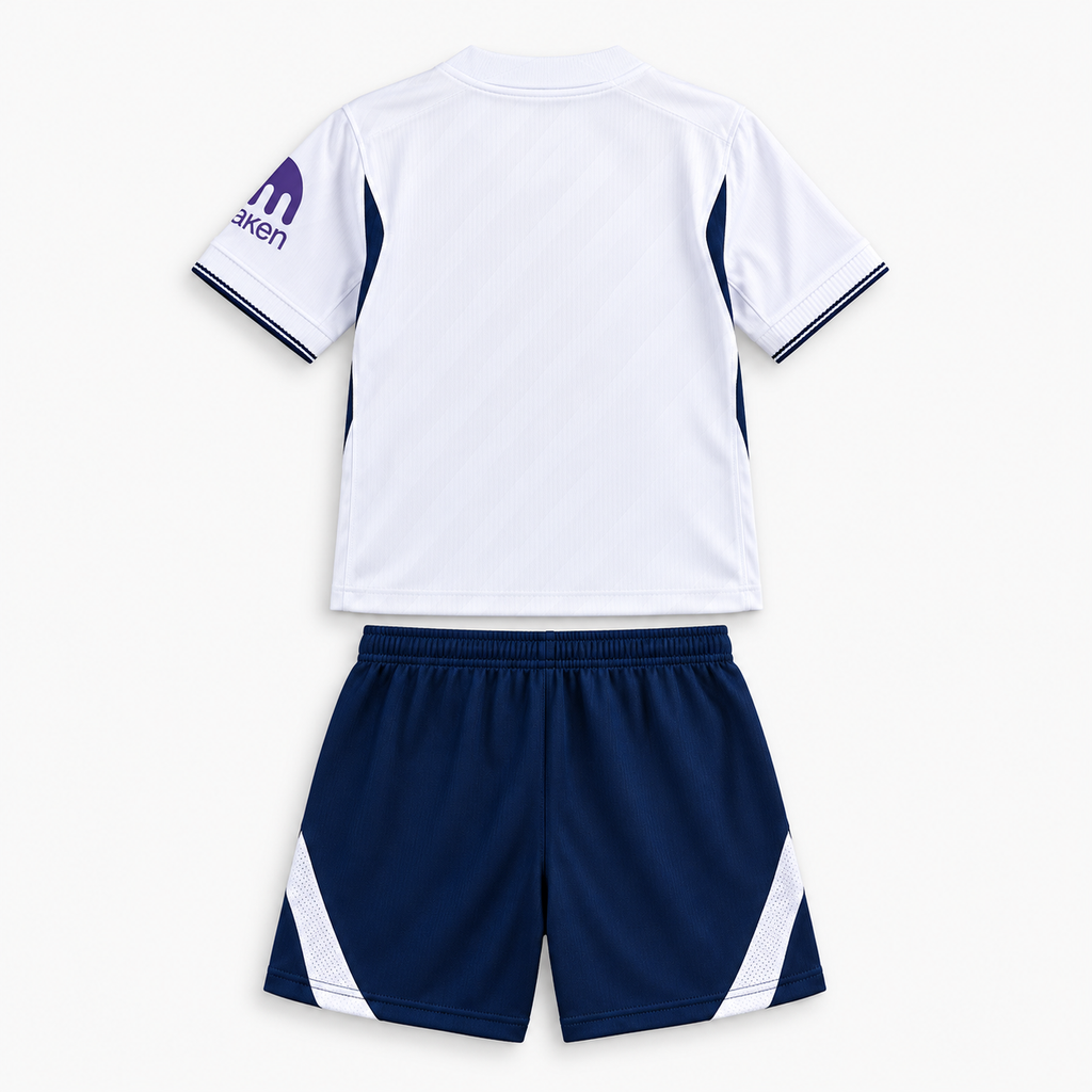 Tottenham Hotspur 2026/27 Home Kids Kit - shirt and shorts back; AI-assisted studio visualization based on the supplier-verified kit