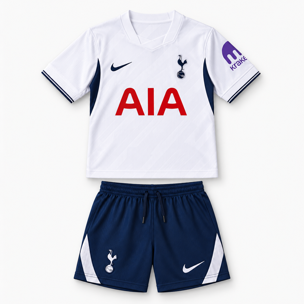 Tottenham Hotspur 2026/27 Home Kids Kit - shirt and shorts front; AI-assisted studio visualization based on the supplier-verified kit