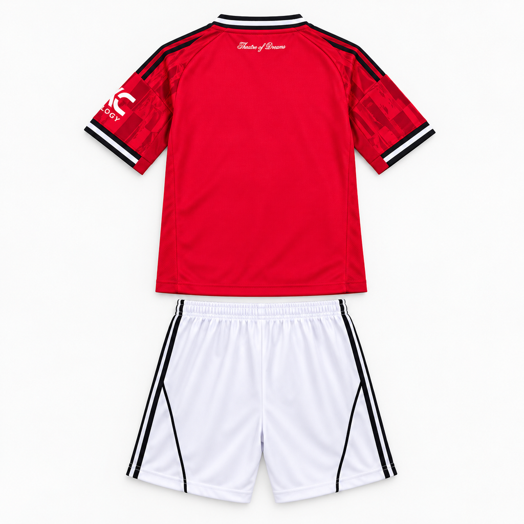 Manchester United 2025/26 Home Kids Kit - shirt and shorts back; AI-assisted studio visualization based on the supplier-verified kit