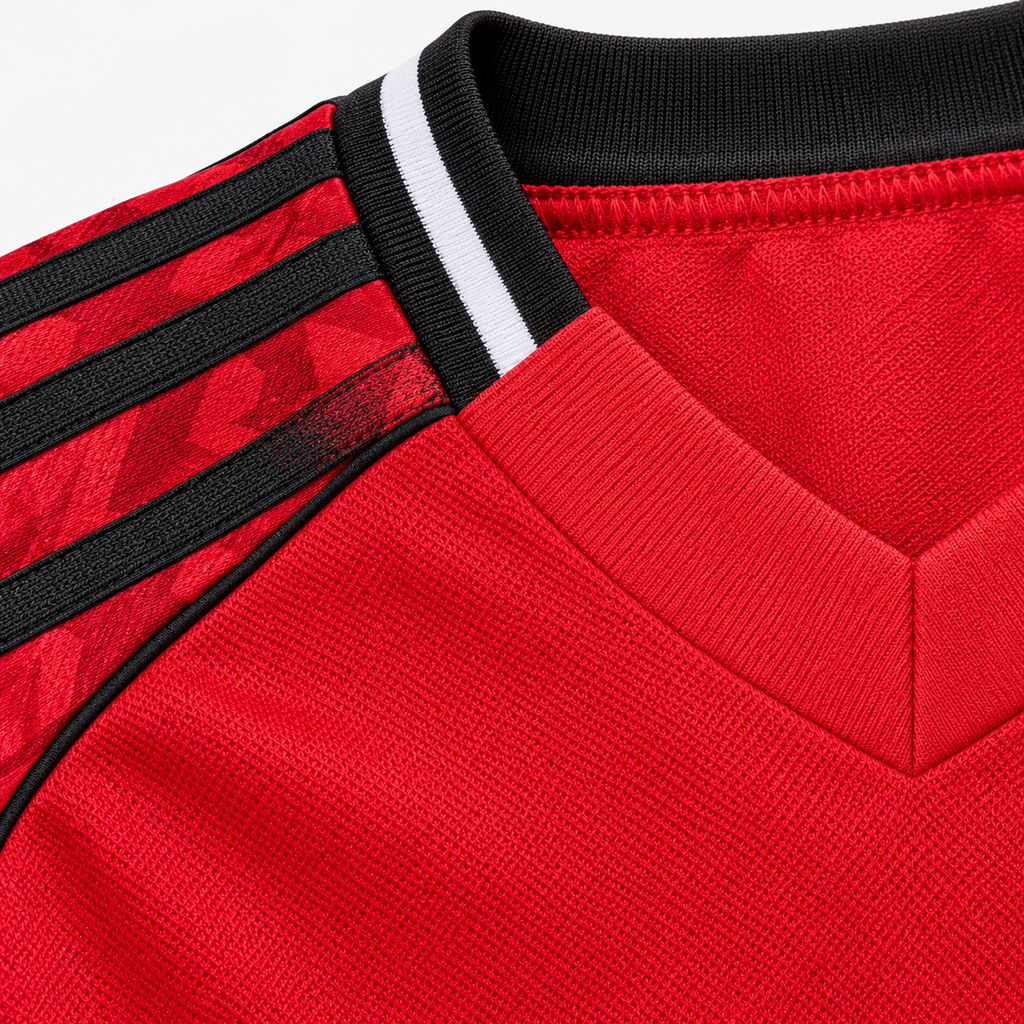 Manchester United 2025/26 Home Kids Kit - collar and shoulder detail; AI-assisted studio visualization based on the supplier-verified kit