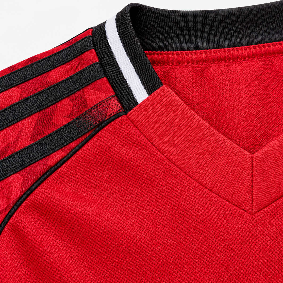 Manchester United 2025/26 Home Kids Kit - collar and shoulder detail; AI-assisted studio visualization based on the supplier-verified kit