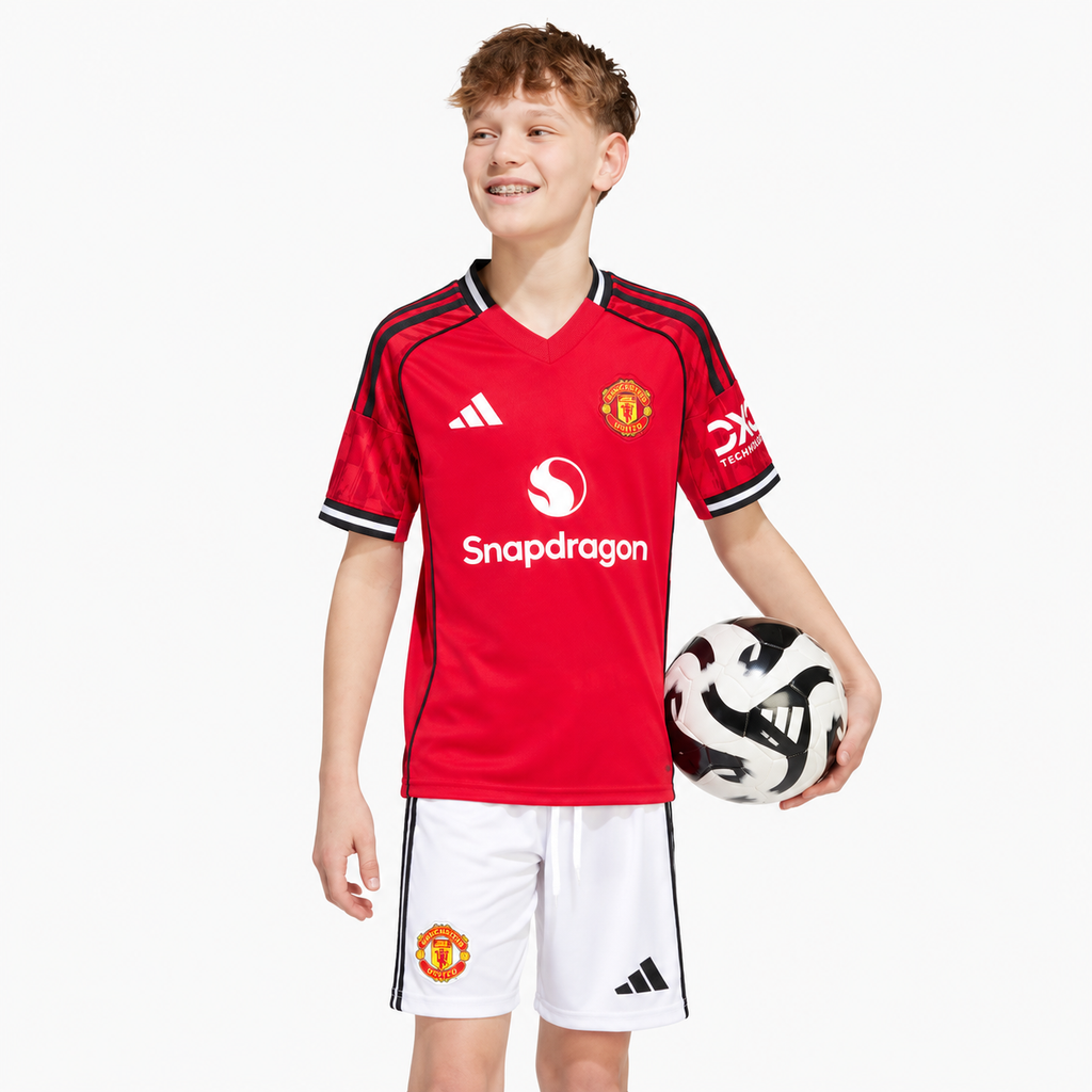 Manchester United 2025/26 Home Kids Kit - child model; AI-assisted studio visualization based on the supplier-verified kit